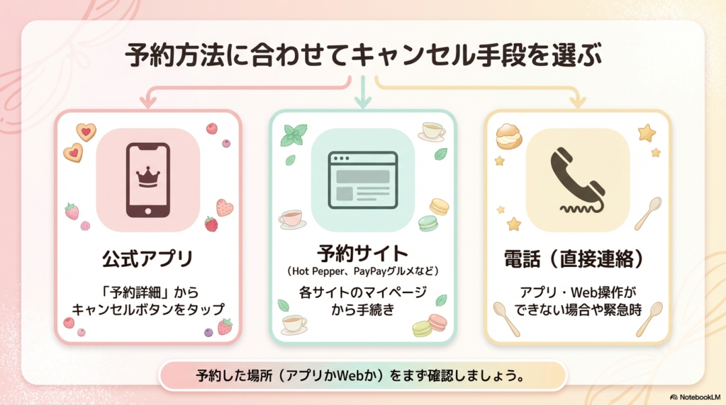 予約方法に合わせたキャンセル手段の選び方 公式アプリ、予約サイト、電話連絡など、予約した場所に合わせて適切なキャンセル手続きを選ぶためのフローチャートです。