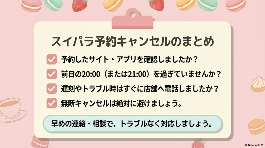 スイパラ予約キャンセルの最終チェックリスト 予約サイトの確認、期限の遵守、トラブル時の電話連絡など、キャンセル時に忘れてはいけない重要ポイントをまとめたリストです。