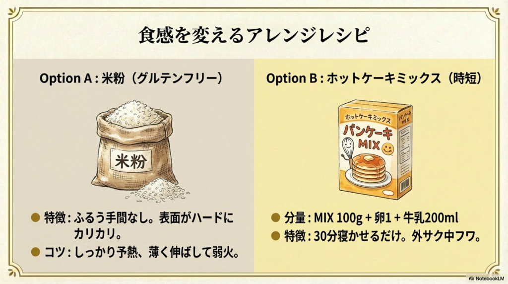 米粉やホットケーキミックスを使って、クレープ生地の食感を変えるアレンジ方法の紹介です。