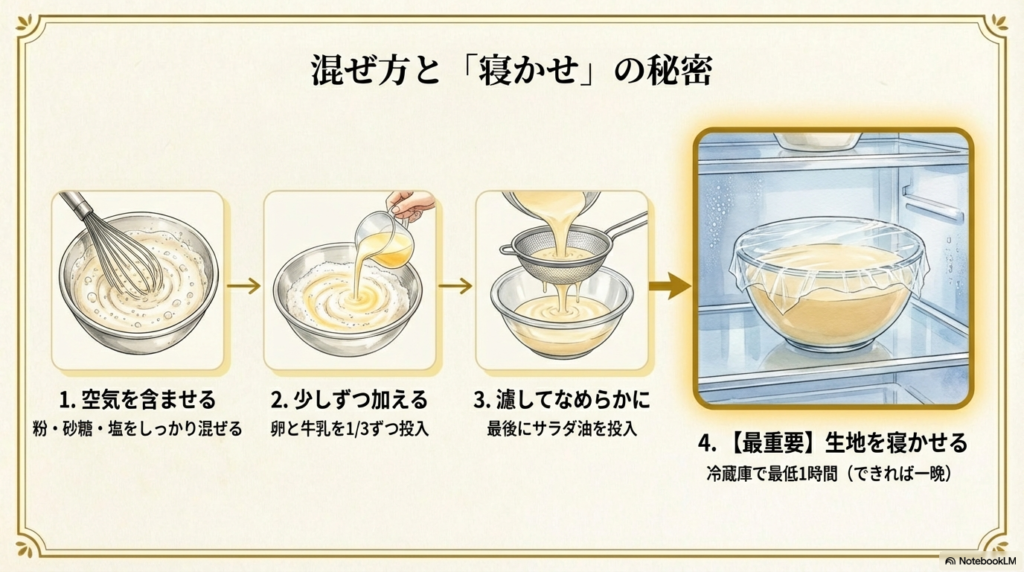 クレープ生地に空気を含ませて混ぜる手順と、冷蔵庫で寝かせる重要性を説明したイラストです。