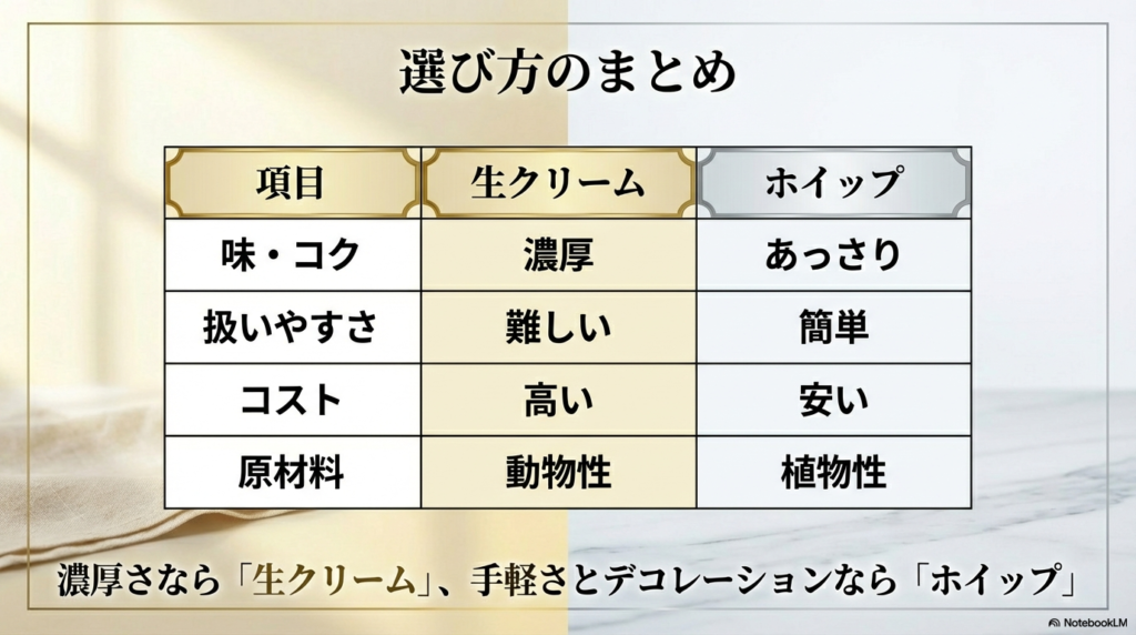 味、扱いやすさ、お値段、材料の4つのポイントで、生クリームとホイップのそれぞれの特徴をひと目でわかるように表にまとめています。