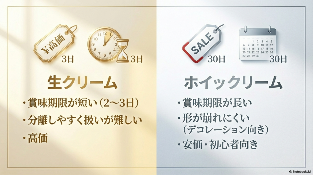 生クリームはお値段が高めで日持ちが2〜3日と短いですが、ホイップはお手頃価格で約30日も日持ちし、形も崩れにくいという特徴をまとめています。