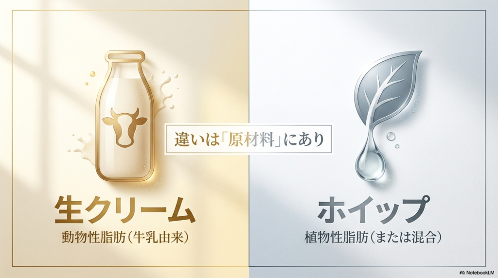 生クリームは牛乳からとれる動物性の脂肪で作られ、ホイップは植物の油から作られているという、材料の違いを説明しています。