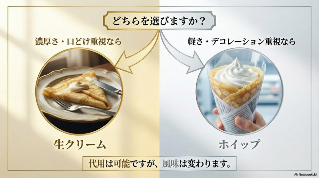 濃厚な味が好きなら生クリーム、デコレーションを楽しみたいならホイップがおすすめです。代わりにお互いを使うことはできますが、味の感じ方は変わります。