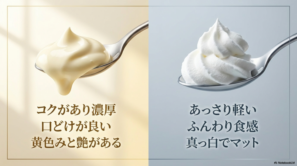 コクがあって口どけが良い生クリームと、あっさりしてふんわり軽いホイップの、味や見た目の違いをくらべたスライドです。