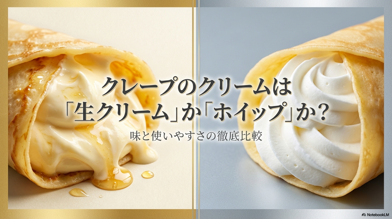 クレープには生クリームとホイップのどちらが合うのか、味と使いやすさをわかりやすく比較したスライドの表紙です。