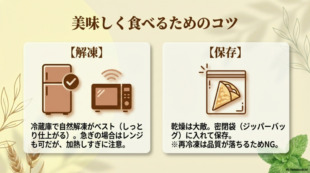 冷蔵庫での自然解凍やジッパーバッグを使った密閉保存など、美味しさを保つためのポイントを説明しています。