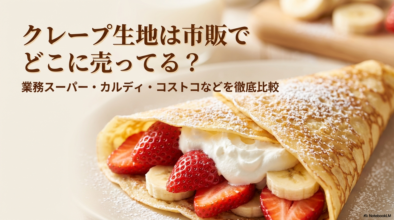 業務スーパー、カルディ、コストコなどで買える市販のクレープ生地を比較解説するスライドの表紙です。