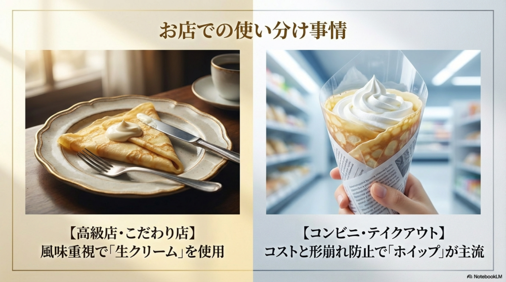 高級なクレープ屋さんでは風味を大切にして生クリームを使い、コンビニや持ち帰りのお店では崩れにくさを重視してホイップを使うことが多いという事情を説明しています。