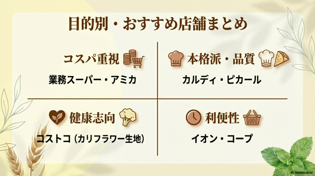 コスパ、品質、健康志向、利便性といった目的ごとに、どのお店で買うのがベストかをまとめた表です。