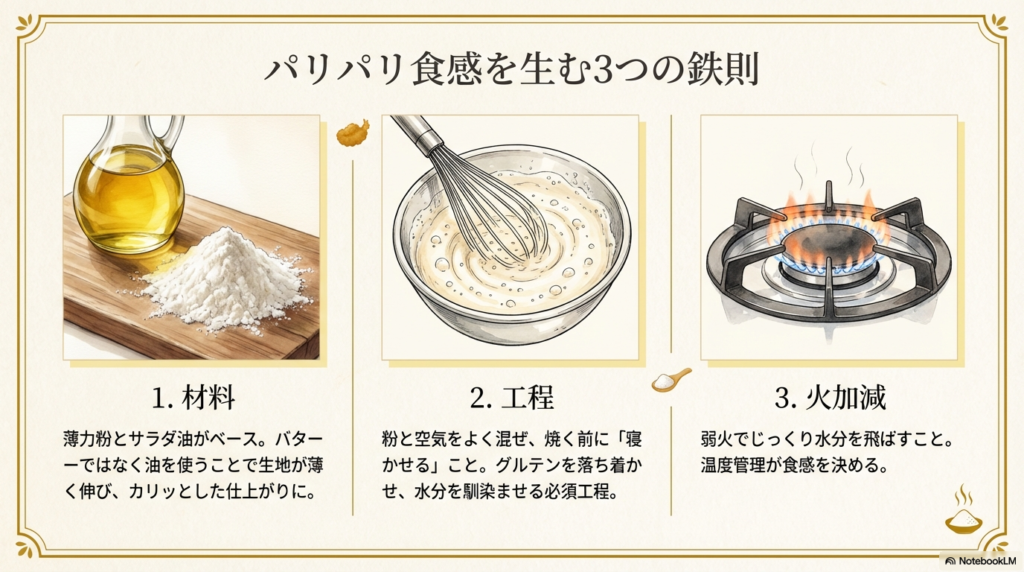 クレープ生地をパリパリにするための、材料、工程、火加減の3つの鉄則を解説した図です。