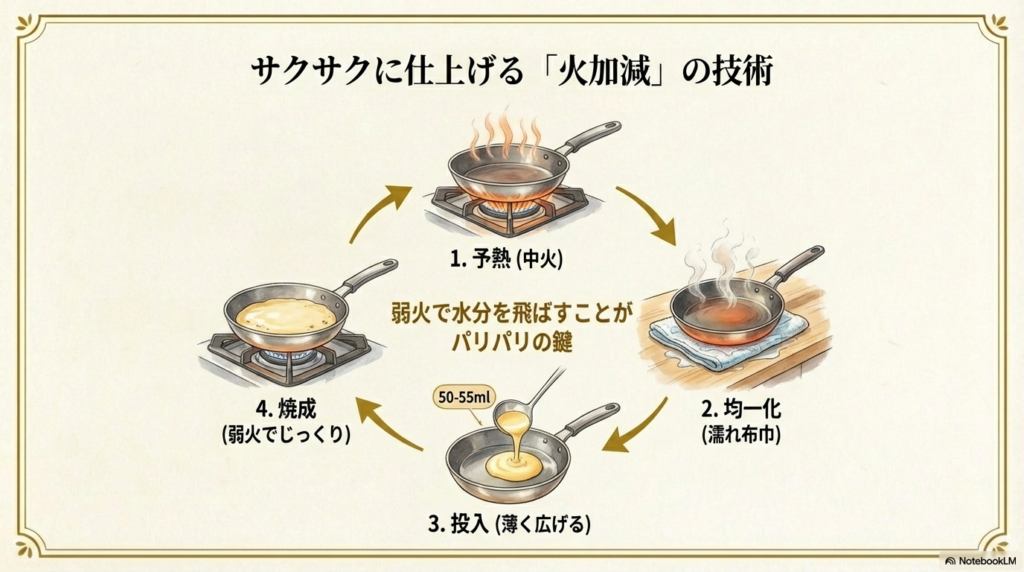弱火でじっくり水分を飛ばすなど、クレープをサクサクに焼くための火加減のコツをまとめた図解です。