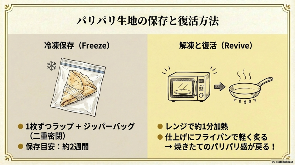 クレープ生地をラップとジッパー袋で冷凍保存し、レンジとフライパンでパリパリに復活させる手順です。