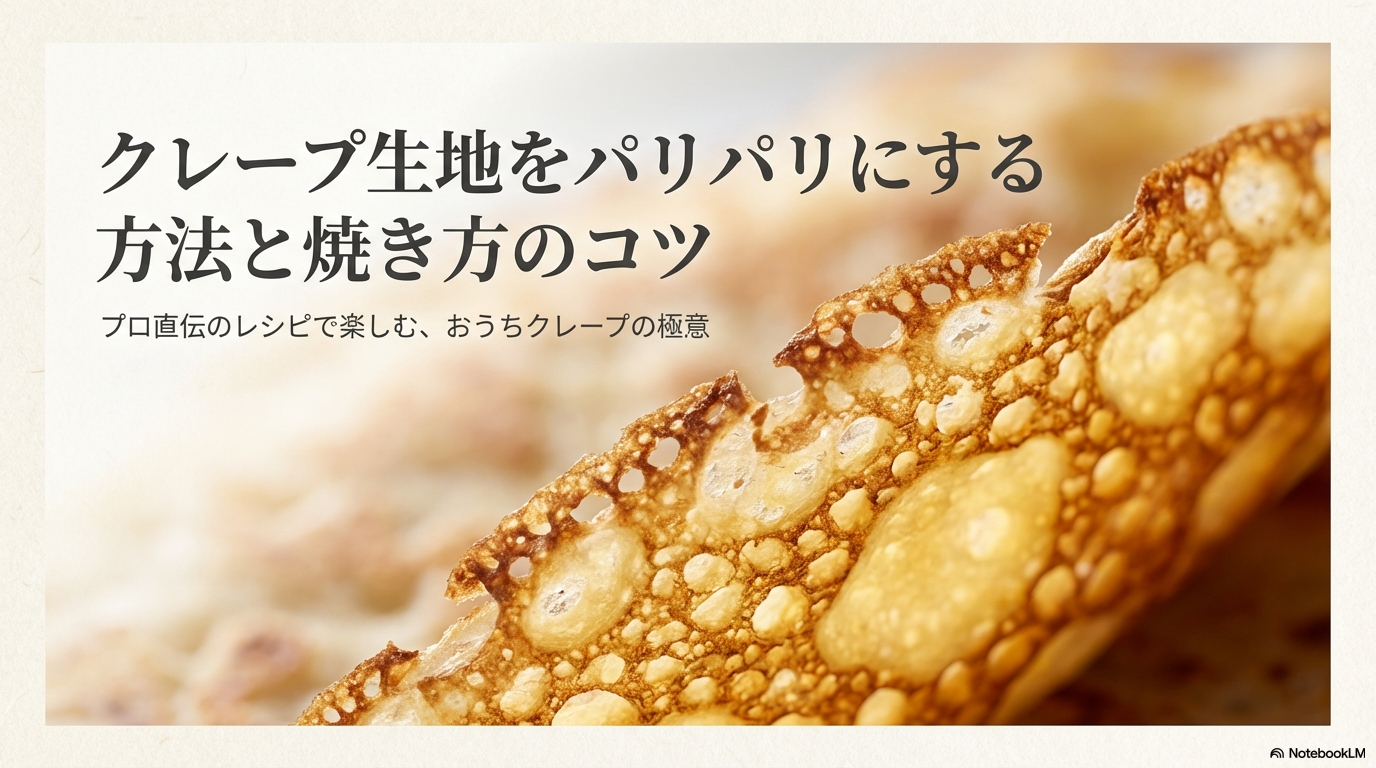 クレープ生地をパリパリにする方法と焼き方のコツをまとめたスライドの表紙です。