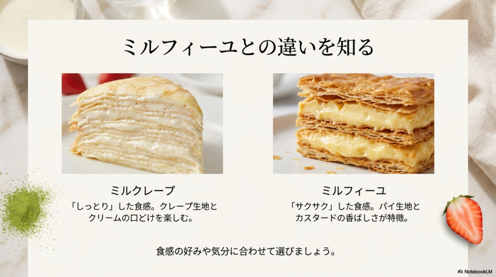 しっとりしたクレープ生地のミルクレープと、サクサクしたパイ生地のミルフィーユの食感や特徴の違いを比較しています。