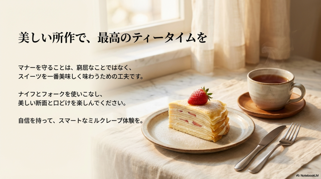 マナーはスイーツを美味しく味わうための工夫であり、美しい所作でミルクレープのティータイムを楽しんでくださいというメッセージです。