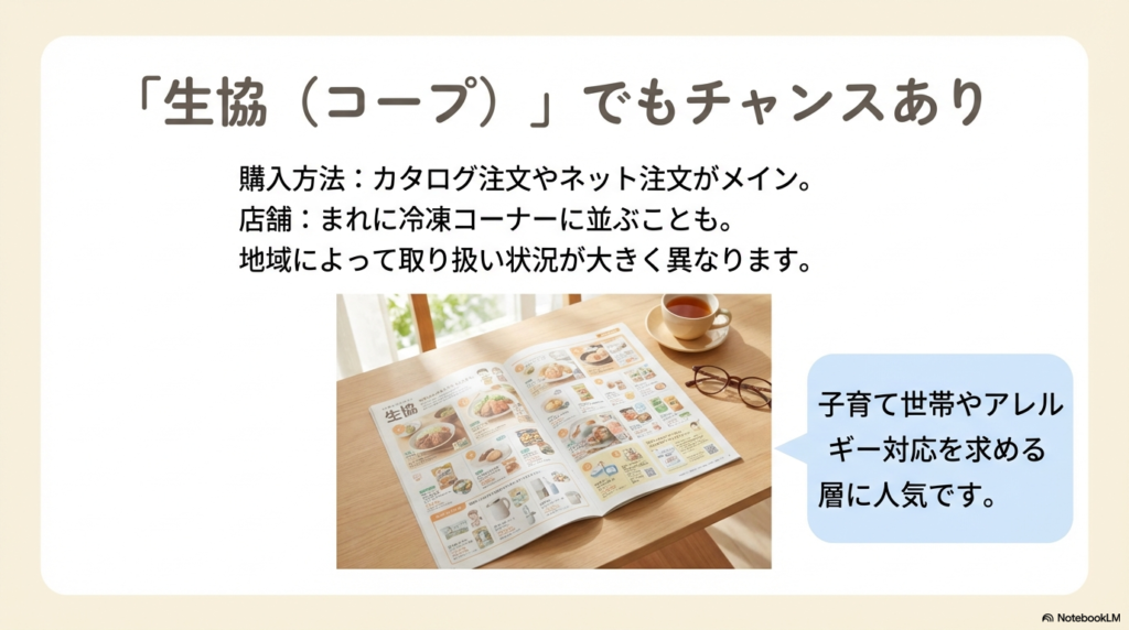 カタログ注文やネット注文をメインに、地域によっては生協の冷凍コーナーでもフレンズクレープが購入できることを案内しているスライドです。