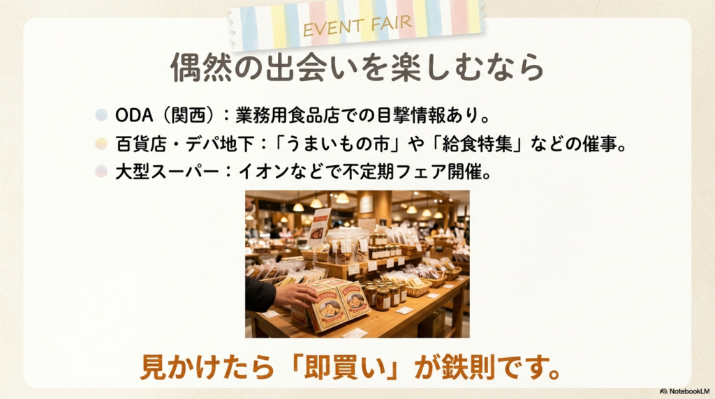 関西のODAや百貨店のデパ地下、大型スーパーの不定期フェアなどでフレンズクレープに偶然出会える可能性についてまとめたスライドです。