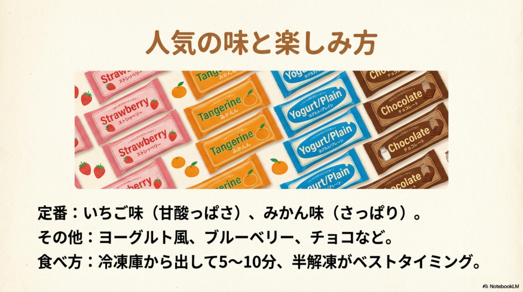 いちごやみかんなどフレンズクレープの定番フレーバーの紹介と、冷凍庫から出して5分から10分待った半解凍がベストな食べ方であることを説明したスライドです。