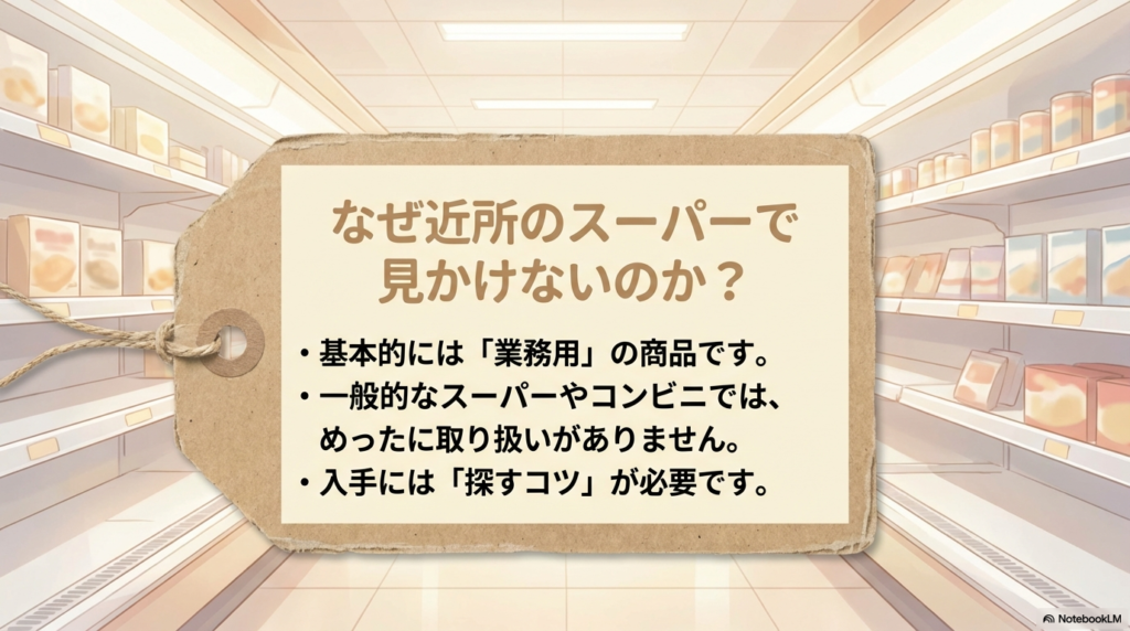 フレンズクレープは基本的に業務用商品であるため、一般的なスーパーやコンビニではめったに取り扱いがないことを説明しているスライドです。