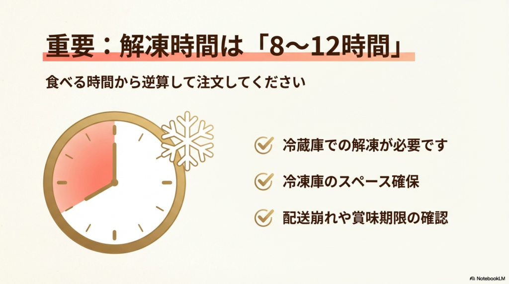 冷凍配送されたミルクレープをおいしく食べるために必要な8〜12時間の解凍時間と、事前の準備について注意喚起する画像