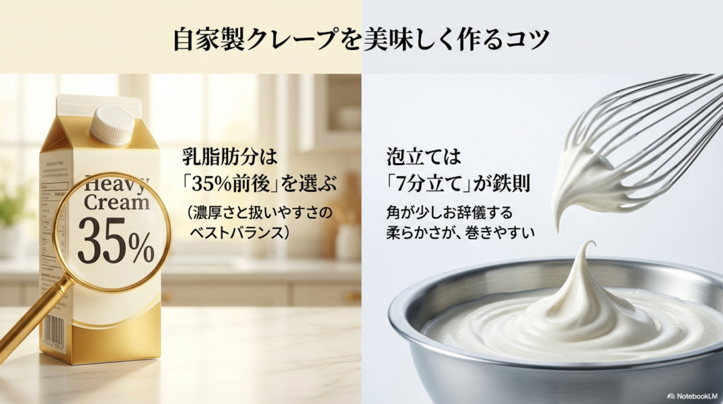 おうちでクレープを作るときは、乳脂肪分が35パーセントくらいの生クリームを選び、ツノがおじぎするくらいの柔らかさに泡立てると巻きやすくなります。