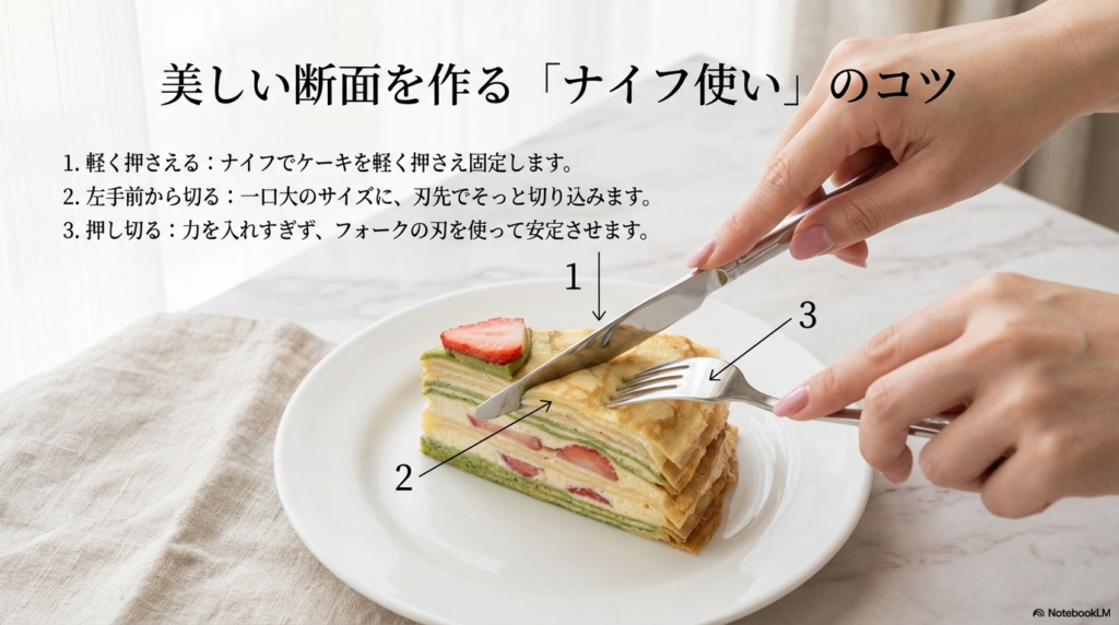 ミルクレープを切る際は、ナイフで軽く押さえ、左手前からそっと刃先を入れ、フォークの刃を使って安定させながら押し切るのがコツです。