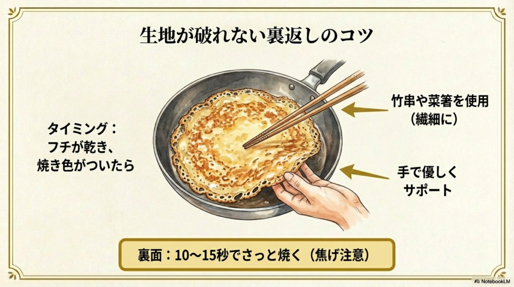 フチが乾いて焼き色がついたタイミングで、菜箸を使って優しく生地を裏返す方法のイラストです。