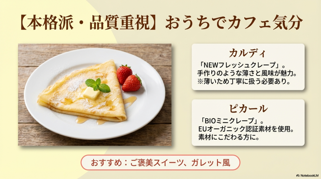 カルディの薄いフレッシュクレープと、ピカールのオーガニック素材を使用したミニクレープの紹介です。