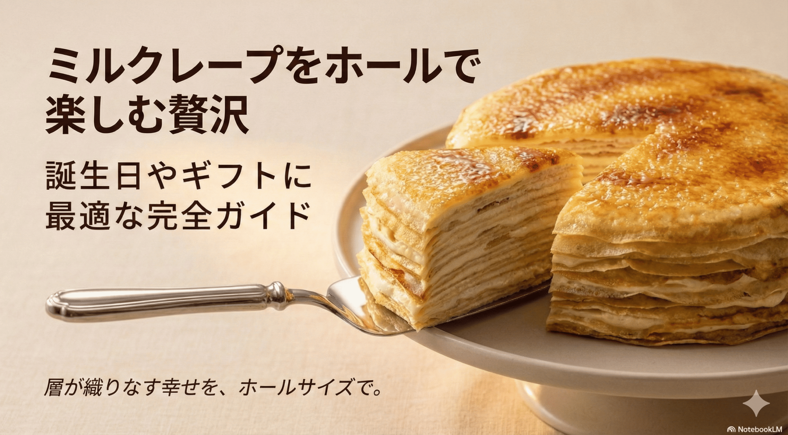 ホールサイズのミルクレープが食卓に並んでいる様子と、誕生日やギフトに最適であることを示したスライドの表紙