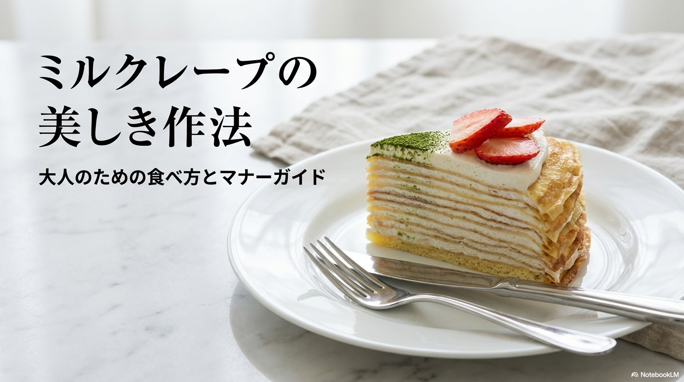 ミルクレープの美しい食べ方やマナーについてまとめたスライドの表紙画像です。