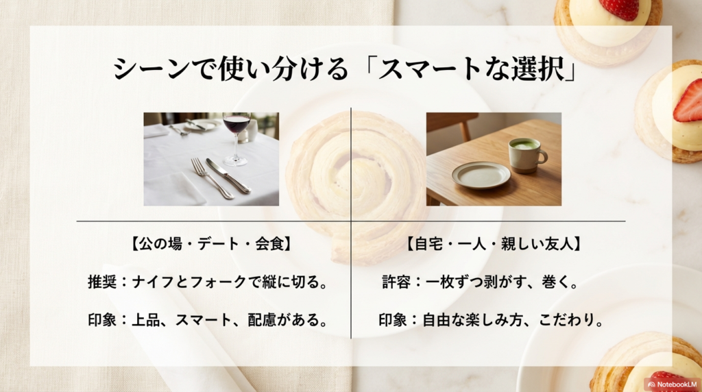 公の場やデートではナイフとフォークを使って上品に食べ、自宅や親しい友人との場では剥がしたり巻いたりして自由に楽しむという、シーン別の使い分けを提案しています。