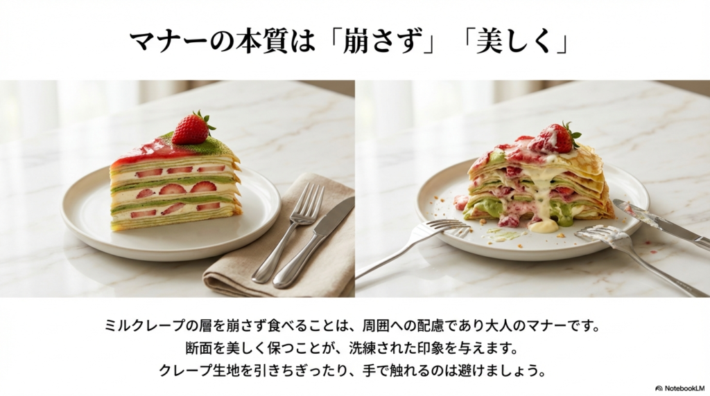 ミルクレープは層を崩さずに美しく食べることが、周囲への配慮であり大人のマナーであることを説明しています。