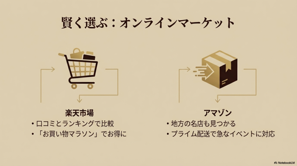 楽天市場の口コミ比較やAmazonのプライム配送など、オンラインマーケットごとのメリットをまとめたスライド