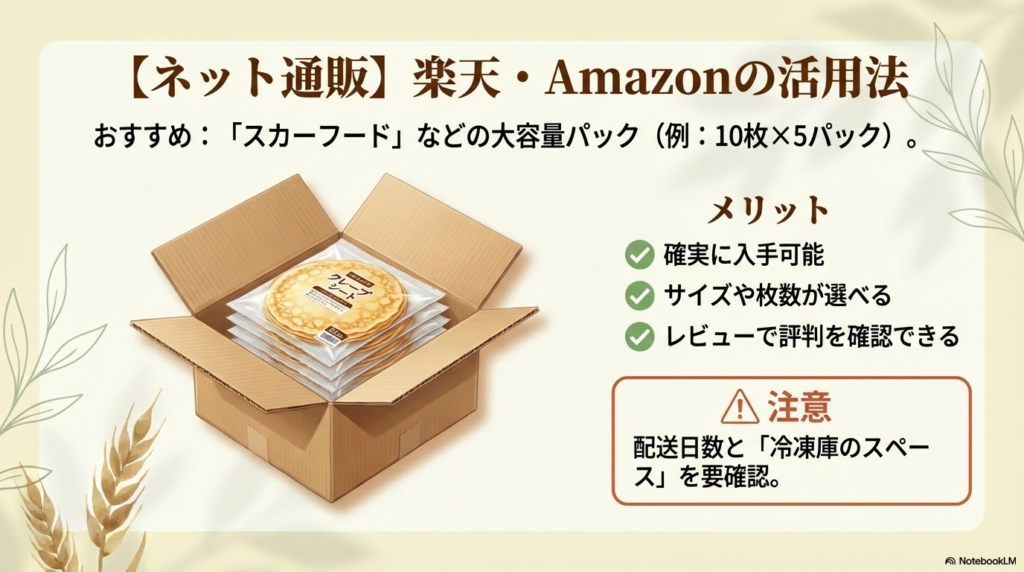 ネット通販で大容量パックを購入する際のメリットと、配送や冷凍庫のスペースに関する注意点をまとめています。