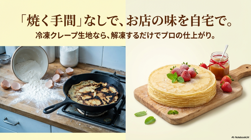 焼く手間がなく、解凍するだけでプロのような仕上がりになる冷凍クレープ生地の魅力を紹介しています。