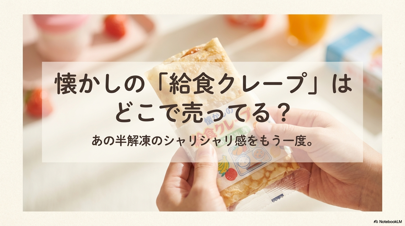 懐かしの給食クレープがどこで売っているのか、またあの半解凍のシャリシャリ感を味わうための情報をまとめたスライドの表紙画像です。