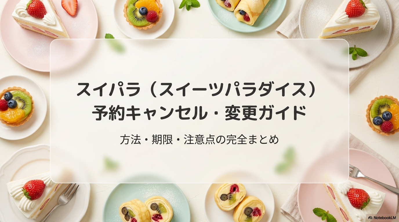 スイーツパラダイスの予約キャンセルや変更に関する方法、期限、注意点を網羅した完全ガイドの表紙画像です。
