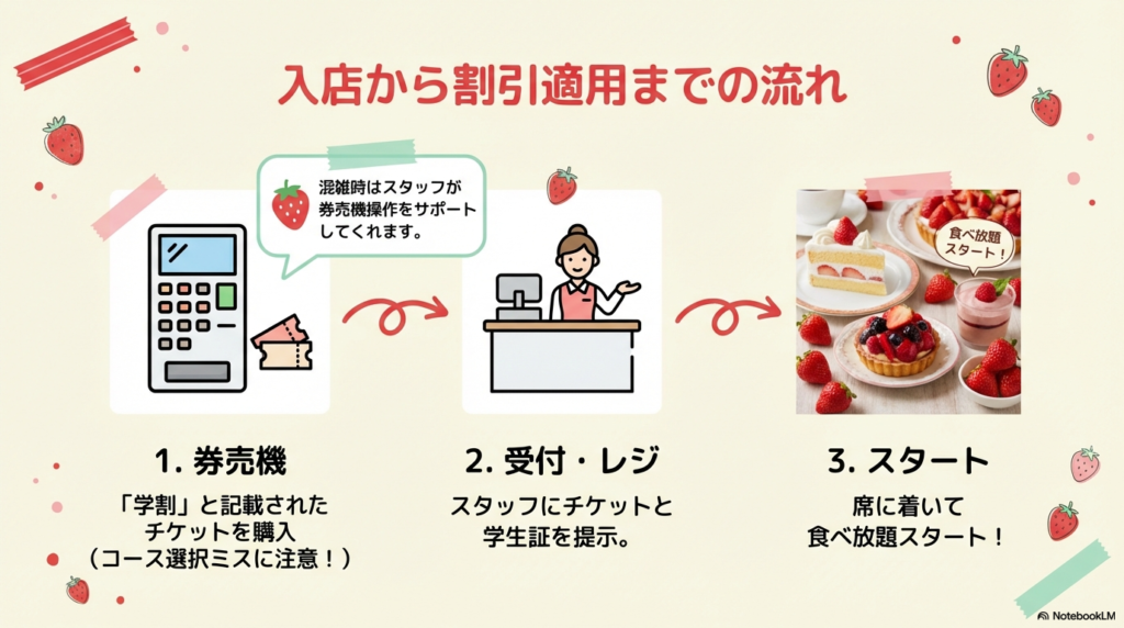 券売機でのチケット購入時に学割を選択し、受付で学生証を提示してから食べ放題を開始するまでの流れを図解しています。