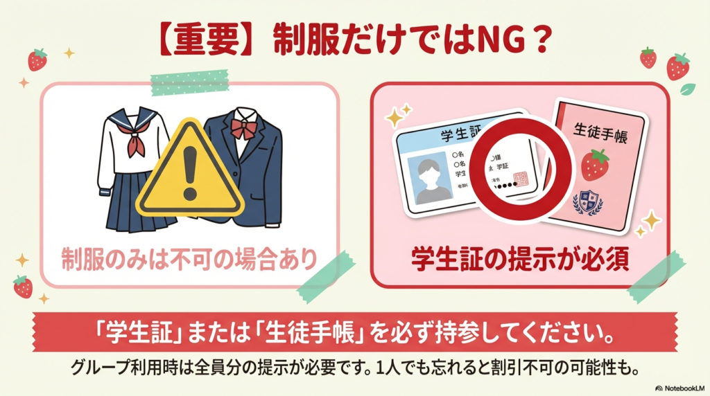 制服だけでは学割が適用されない可能性があるため、学生証や生徒手帳の提示が必須であるという注意点を解説したイラストです。