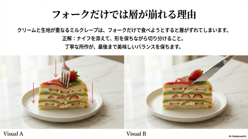 クリームと生地が重なるミルクレープをフォークだけで切ろうとすると層がずれてしまうため、ナイフを添えるのが正しい食べ方です。