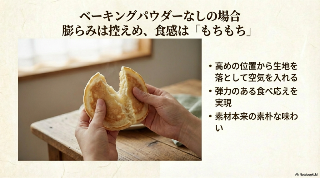 ベーキングパウダーを使わずに、高めの位置から生地を落として空気を入れ、弾力のあるもちもち食感にする方法をまとめたスライドです。