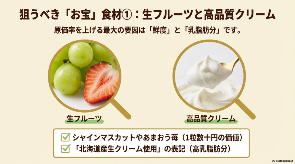 原価率を上げる要因である生フルーツと北海道産生クリームを使用したスイーツの例