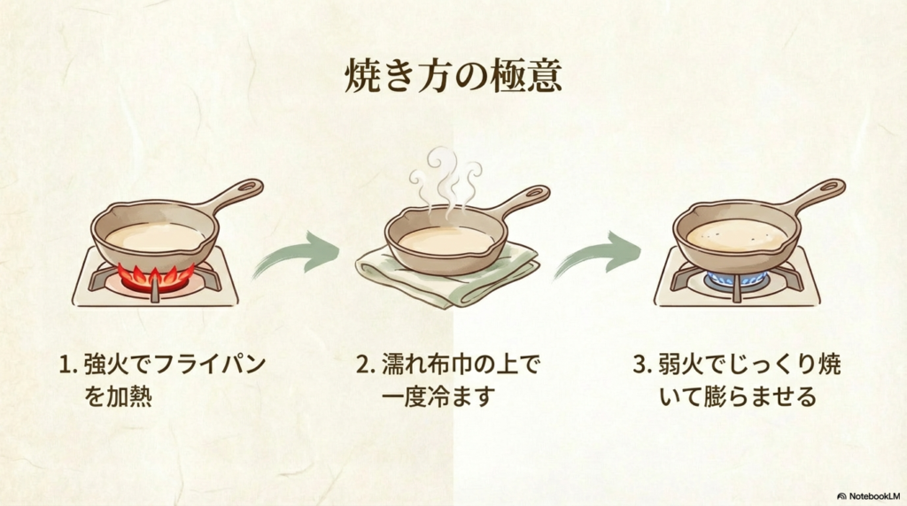 強火でフライパンを加熱した後、濡れ布巾の上で一度冷まし、弱火でじっくり焼いて生地を膨らませる3つの手順を示したスライドです。