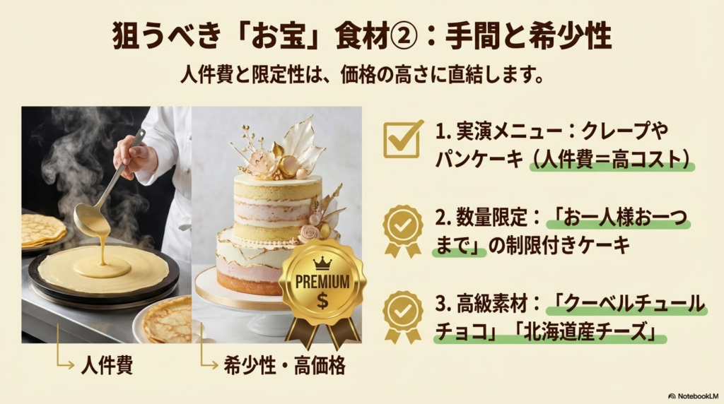 実演メニューや数量限定品など人件費と希少性が価格に直結するスイーツの例