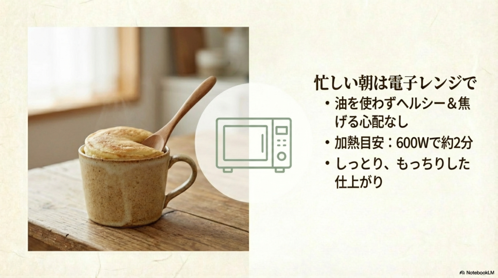 油を使わず焦げる心配がない、電子レンジの600Wで約2分加熱して作る、もっちりとしたパンケーキの作り方スライドです。