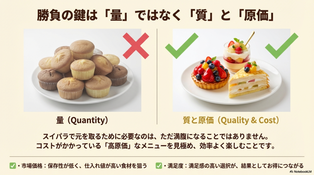 満腹になることよりもコストがかかっている高原価なメニューを見極める重要性を解説した図