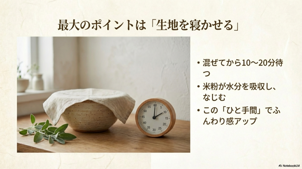 生地を混ぜた後に10分から20分ほど待つことで、米粉が水分を吸収し、ふんわり感がアップするコツを紹介したスライドです。