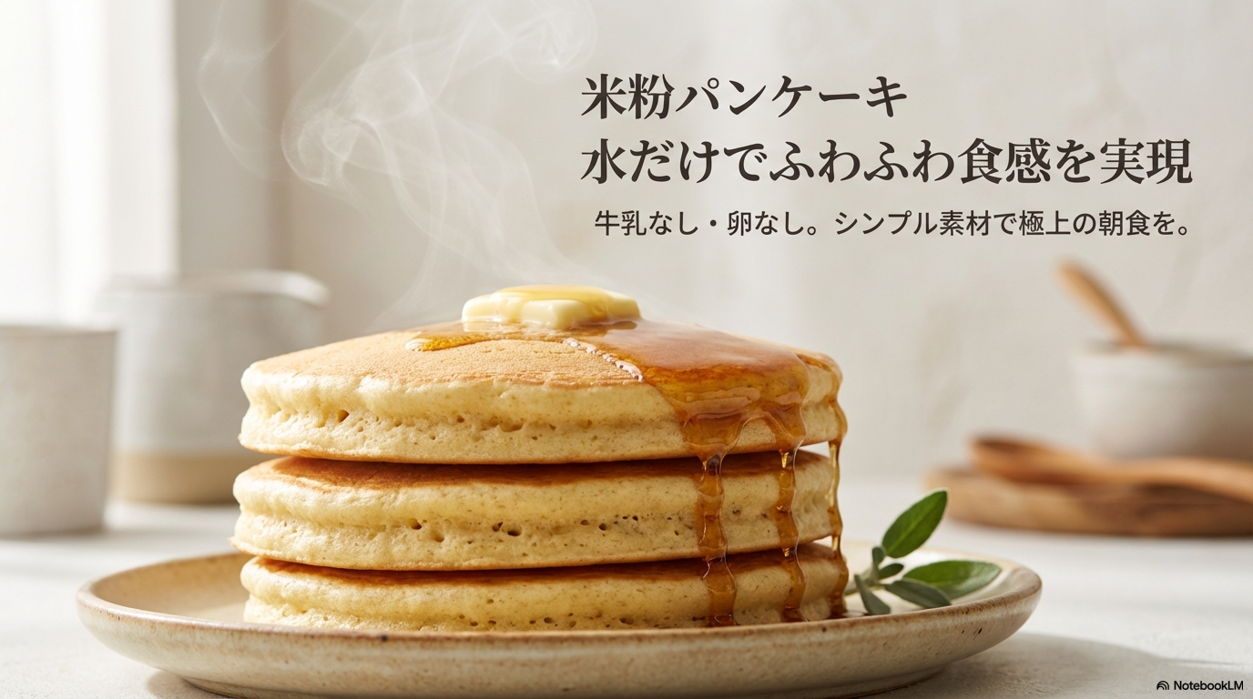 牛乳や卵を使わずに、水だけでふわふわ食感を実現する米粉パンケーキのタイトルスライドです。