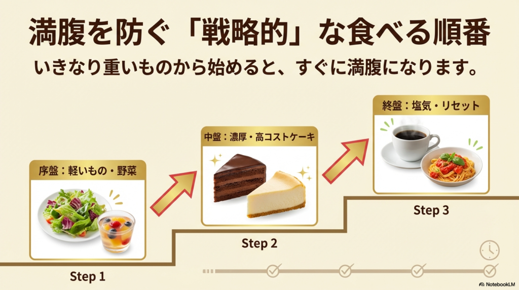 軽いものから始めて濃厚なケーキへ進み最後に塩気でリセットする食べる順番のステップ